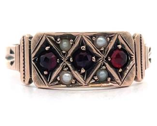 Antique Estate! Garnet & Seed Pearl Circa 1895 Victorian Estate Ring in 9k Yellow Gold