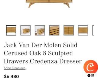 EXAMPLE BEING SOLD BY SOMEONE ON CHERISH.       JACK VAN DER MOLEN, SOLID CERUSED OAK, MID CENTURY MODERN, 8 DRAWER DRESSER
