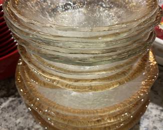 Set of 12 glass gold rimmed bowls and plates