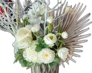 White Floral Arrangement in Silver Vase - 3’5” Tall


