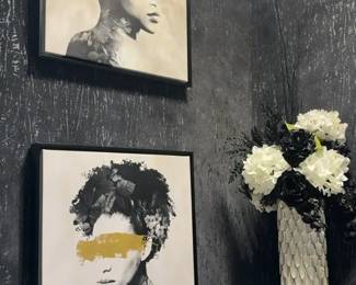 Black and White Floral Arrangement with Textured Vase - 4’5” Tall and Abstract Floral Portrait Wall Art - 25” x 25”