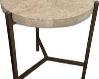 Round Travertine Top Bronze Metal Base End/Accent Table