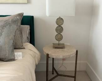 Table Lamp with Decorative Disc Base - 30” Tall and Round Travertine Top Bronze Metal Base End/Accent Table