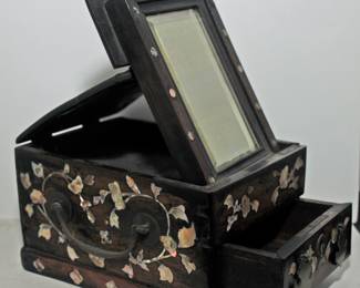 ANTIQUE CHINESE TRAVELING DRESSING MIRROR AND CABINET WITH MOTHER OF PEARL INLAY