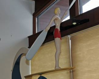 MID-CENTURY MODERN SIGNED LARGE HAND-CRAFTED SURFER WHIRLIGIG ON WEIGHTED STAND