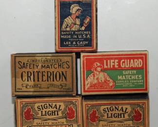 5 EARLY WOOD MATCH ADVERTISING BOXES