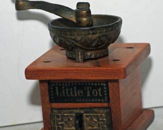 VINTAGE TOY LITTLE TOT WOOD AND BRASS COFFEE GRINDER