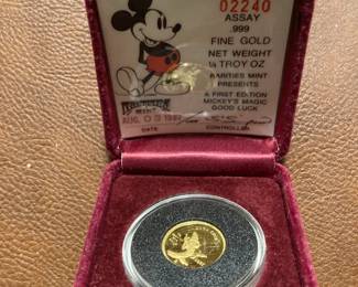 Original 1/4 quarter ounce gold Mickey Mouse coin. Collectors item.