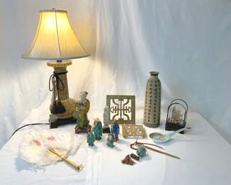 Oriental Lamp, Fan And Figurines
