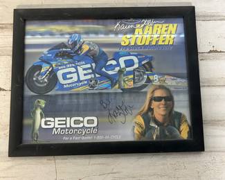 Karen Stoffer Signed GEICO Pro Stock Motorcycle NHRA Drag Racing Poster Framed