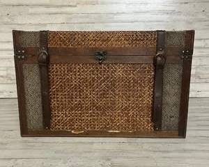 Vintage Wicker & Wood Trunk Chest w/ Leather Straps 25.5x16x16 Rustic Decor