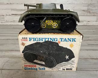 Vintage Marx Wind-Up Fighting Tank #462 Tin Litho Climbing Toy w/ Box Works