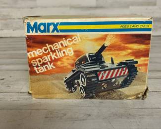 Vintage Marx Mechanical Sparkling Tank Toy w/ Box U.S. Tank Division Wind-Up