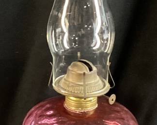 VTG. FENTON CRANBERRY & MILK GLASS OIL LAMP