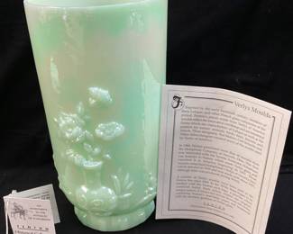 FENTON JADEITE GREEN SATIN IRIDIZED MANDARIN VASE, 9in