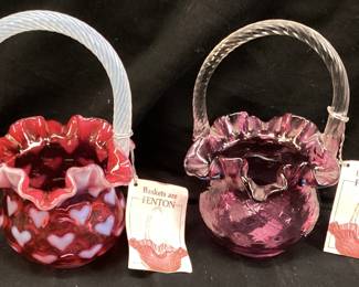 (2) FENTON CRANBERRY & PURPLE RUFFLED EDGE BASKETS, 3.5in