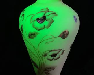 FENTON BURMESE URANIUM OPTIC VASE SIGNED #2086/2500, HAND PAINTED POPPIES