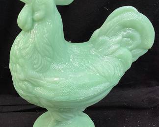 MOSSER JADEITE ROOSTER ON A NEST CANDY JAR, 9inH