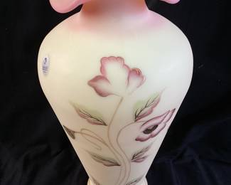 FENTON BURMESE URANIUM OPTIC VASE SIGNED #2086/2500, HAND PAINTED POPPIES