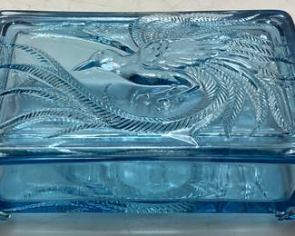 TIARA EMPRESS JEWEL BLUE GLASS BIRD BOX, 5.5in L