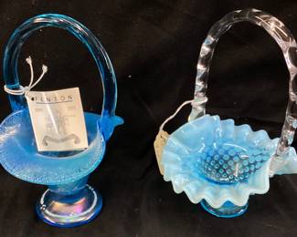 (2) FENTON BLUE HOBNAIL & 1999 CELESTIAL BLUE BASKETS, 7in