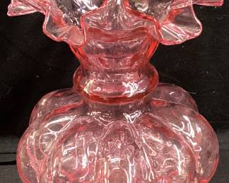 FENTON MELON RIB CRANBERRY GLASS VASE, 8in H