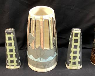 (4) POTTERY PIECES, 2 SIGNED CAMPBELL, SALT & PEPPER SHAKERS AND VASE