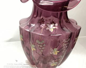 1993 FENTON FAMILY SIGNATURE SERIES PURPLE VASE w RUFFLED EDGE, HAND PAINTED SIGNED BY DIANNE, 10in