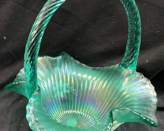 1994 FENTON STIEGEL GREEN HAND PAINTED BASKET, 8in, SIGNED BILL FENTON #1388