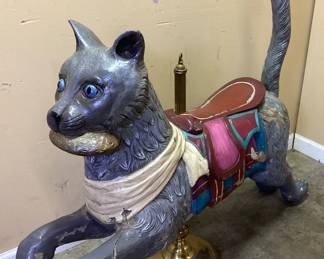 ORIGINAL 1930s FIBERGLASS CAROUSEL CAT w FISH IN MOUTH, 37in H by 40in L by 10in W. MINOR DAMAGE ON FRONT LEG REF. PICS