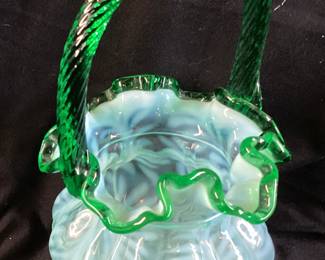 FENTON GREEN OPALESCENT RUFFLED EDGE BASKET, 9.5in