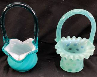 (2) FENTON AQUA SWIRL & TEAL COIN DOT BASKETS,7in