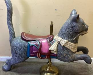 ORIGINAL 1930s FIBERGLASS CAROUSEL CAT w FISH IN MOUTH, 37in H by 40in L by 10in W. MINOR DAMAGE ON FRONT LEG REF. PICS
