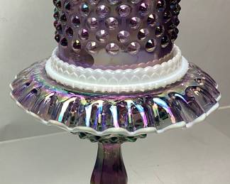 FENTON VIOLET IRIDESCENT HOBNAIL FAIRY LAMP, 3 PIECE