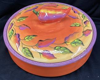 CLAY ART HAND PAINTED CHILI FIESTA COVERED BOWL, 10in W
