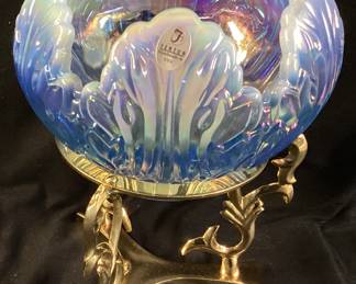 FENTON BLUE OPALESCENT IRIDIZED LOTUS CANDLE CANDLE BOWL ON BRASS STAND