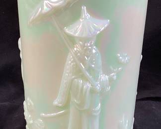 FENTON JADEITE GREEN SATIN IRIDIZED MANDARIN VASE, 9in