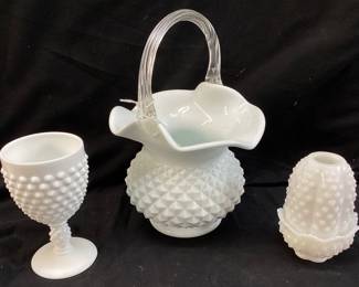 (3) FENTON MILK GLASS HOBNAIL FAIRY LAMP, BASKET & GOBLET
