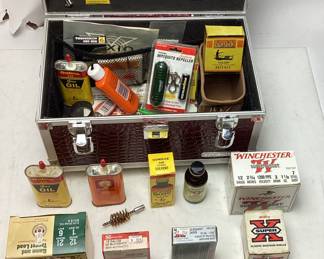 ASSORTED SHOTGUN AMMO, .22cal & GUN CLEANING SUPPLIES WITH CASE