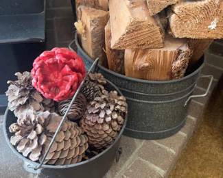 Three Tin Pots With Wood And Pinecones