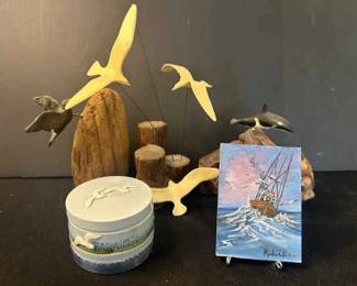 Small Seaside Decor Pieces Including Candle Miniature Painting And John Perry Sculpture
