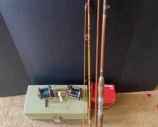 Two Penn 209ms Level Wind Reels Fishing Poles with Tackle Box