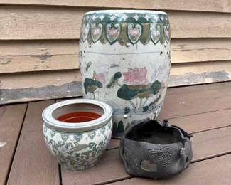 Vintage Porcelain Hand Painted Chinese Garden Stool Seat With Complimenting Vase And Fish Planter