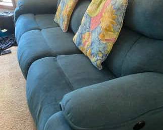 Blue Micro Fiber Reclining Sofa Floor Lamp Pillows