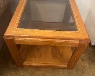 Vintage Pair Of Oak Side Tables With Brass Trim And Black Frosted Glass