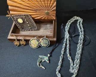 Vintage Enamel Jewelry And Wood Box