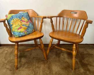 Two Wooden Swedish Chairs And Retro Sunshine Pillow
