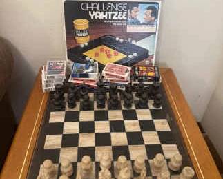 Vintage Challenge Yahtzee 1974 Stone Chess Set And Cards