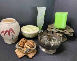 Pottery Vase Lidded Trinket Bowl Small Footed Bowl Vase And Two Candle Holders