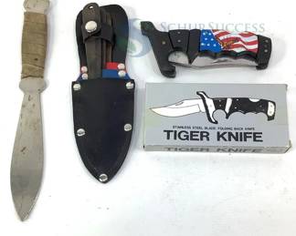 Folding Knife with American Flag Handle, Includes Throwing Knives and Sheath